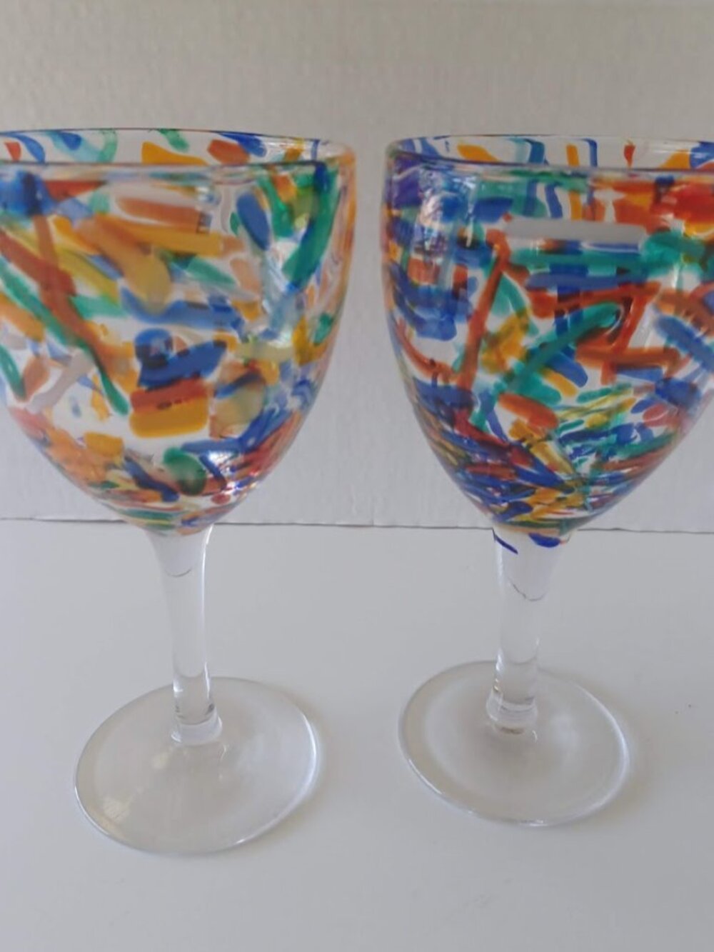Pier 1 Vintage Wine Goblets Multicolor Confetti Art Glass Set of 2